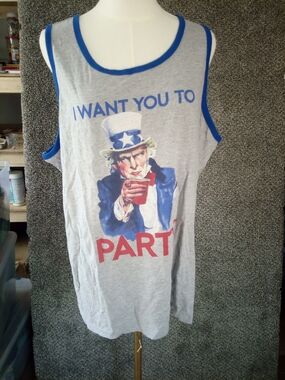 Hybrid Gray Tank Top with Blue Trim and Uncle Sam Graphic "I Want You To Party"